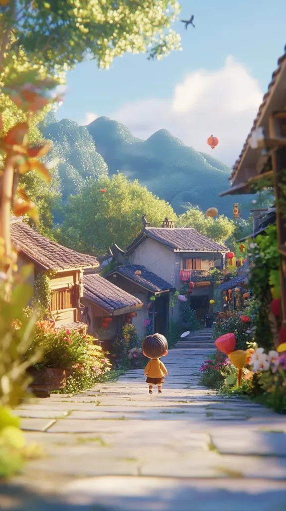 A young boy walks down a stone path through a quaint village, surrounded by lush green trees and vibrant flowers. The village is nestled at the foot of rolling green hills, and the sky is clear and blue, with a single red hot air balloon drifting high above. The image evokes a sense of peace and tranquility, with a touch of whimsical charm.