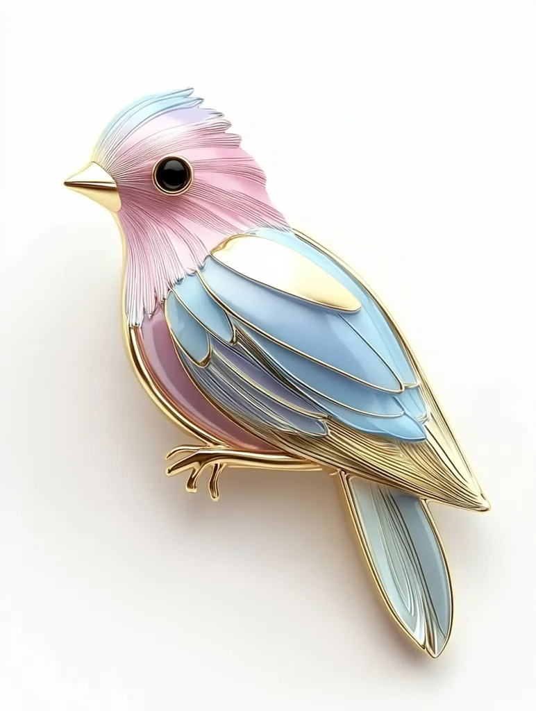 The image shows a bird-shaped brooch with a pink head, light blue body, and gold details. The bird has a black eye and a long tail. The brooch is intricately detailed, with delicate lines and a layered design. The bird is perched on a white background. It's a beautiful and elegant piece of jewelry, likely handcrafted with care.