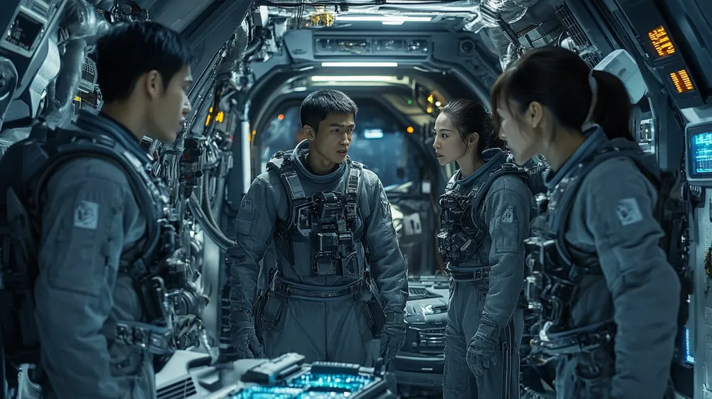 Four astronauts in grey space suits stand in a dimly lit spaceship corridor. One astronaut is looking at a panel, while another astronaut is speaking to two other astronauts who are listening intently. The spaceship's interior is metallic and futuristic, with wires and panels visible in the background. The scene creates an atmosphere of suspense and anticipation.