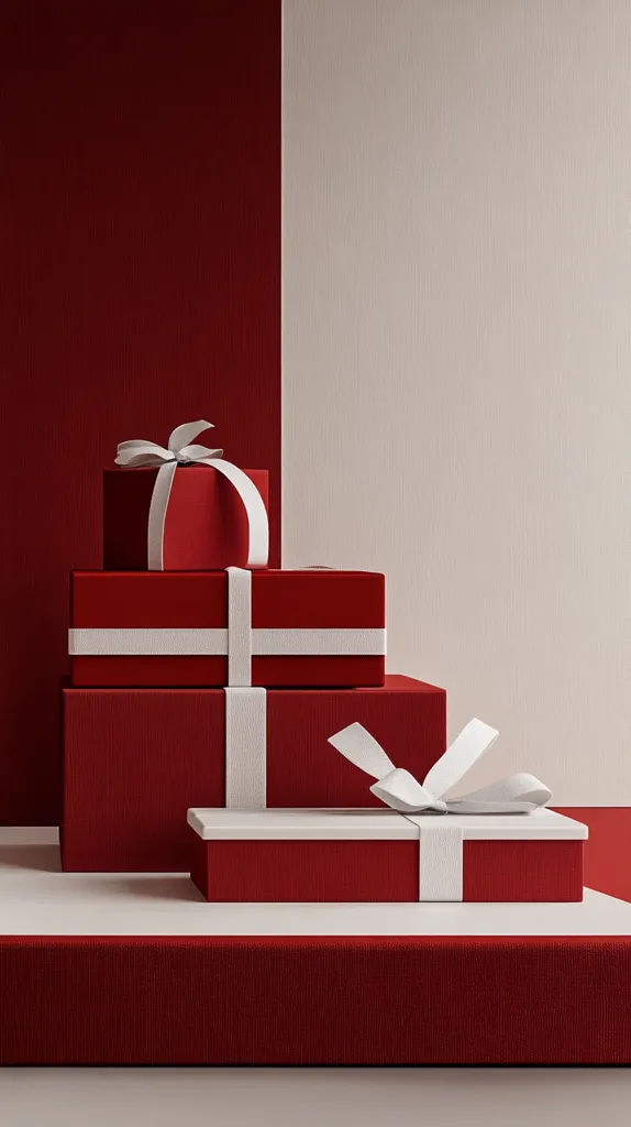 A stack of four red gift boxes with white ribbon sit on a white surface against a background of red and white. The boxes are arranged in a pyramid shape, with the smallest box on top. The gift boxes are all wrapped in red paper and tied with a white bow. The background is a simple red and white color scheme, which highlights the gift boxes. The overall image is clean and modern.