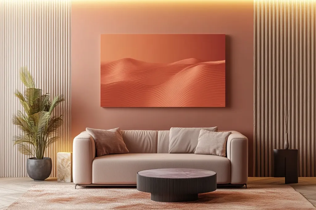 The image shows a modern living room with a beige sofa and a round coffee table in front of it. The walls are painted in shades of pink and beige. A large abstract painting of red sand dunes hangs above the sofa. A small potted plant sits on the floor near the wall. The overall design is clean, minimalist, and contemporary. The warm colors and natural textures create a welcoming and inviting atmosphere.