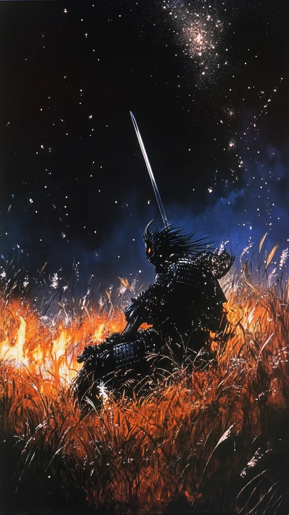 A lone figure, shrouded in darkness and wielding a long sword, sits amidst a fiery landscape. The night sky above is filled with stars, including a cluster of brighter stars. The figure's face is obscured by shadow, but their intense gaze suggests a determination to face the unknown. The flames in the foreground illuminate the figure's silhouette, creating a dramatic and enigmatic scene. The contrast between the darkness and the light evokes a sense of danger and mystery, leaving the viewer to wonder about the figure's purpose and the fate that awaits them.