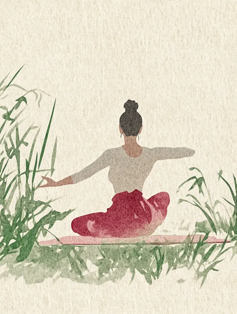 A woman sits cross-legged on a mat in a field of tall grass. Her back is to the viewer, her arms are outstretched, and she is wearing a white top and a red skirt. The image is rendered in a watercolor style, with soft colors and blurry edges. The background is a pale beige, creating a peaceful and serene atmosphere.