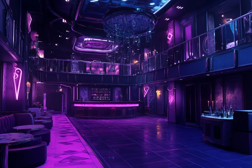 The image shows a luxurious nightclub with purple neon lighting. The space is spacious with a bar in the middle, plush seating, and a balcony overlooking the dance floor. A grand chandelier hangs from the ceiling casting a soft glow on the walls. The atmosphere is both vibrant and intimate, creating an alluring and mysterious vibe.