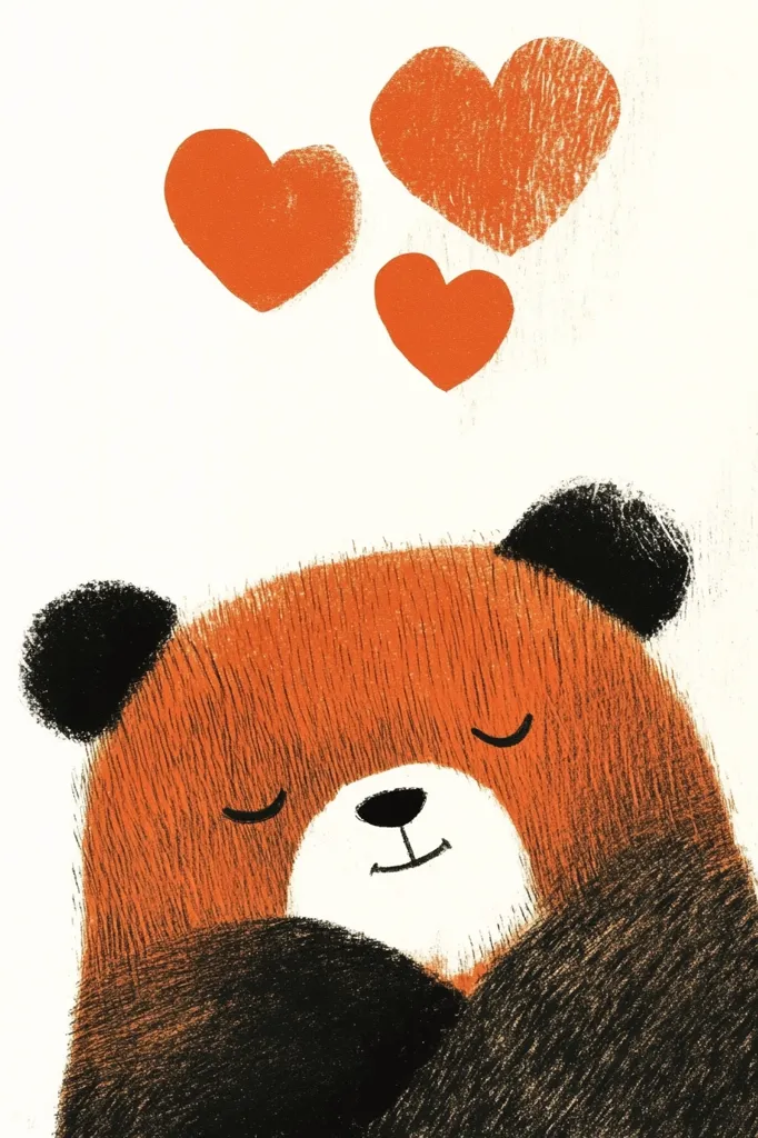 The image depicts a red panda with black ears and a black snout. It is depicted with its eyes closed, as if sleeping, and has a white muzzle. Three orange hearts float above the panda, suggesting love and warmth. The background is white. The image is drawn in a simple, cartoonish style with rough brushstrokes.
