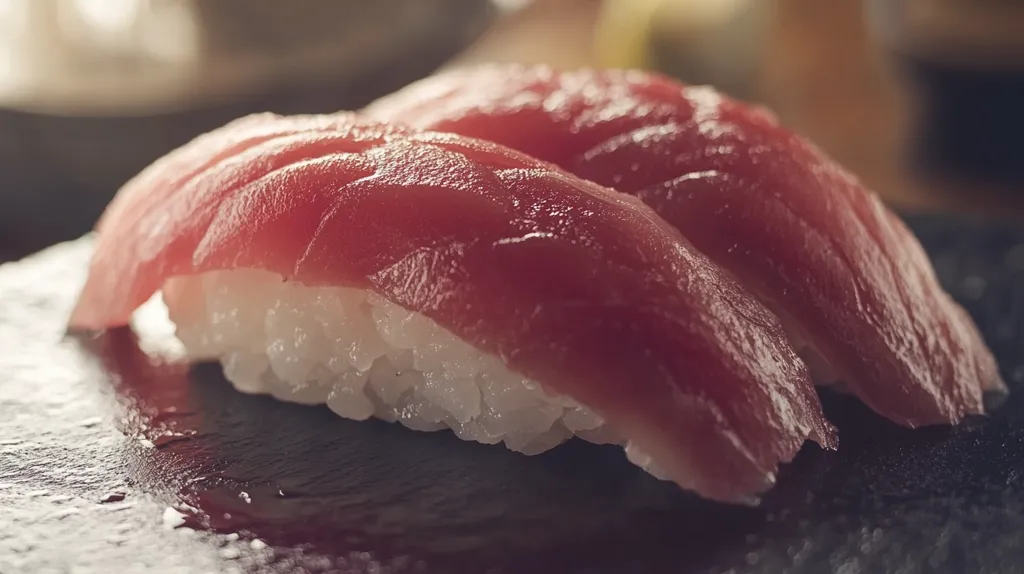 Two pieces of nigiri sushi, featuring a thick slice of raw, pink tuna on top of a bed of white rice. The sushi is placed on a dark, textured surface, highlighting the vibrant colors of the fish and rice. A shallow depth of field draws focus to the glistening surface of the tuna, emphasizing its freshness and quality.