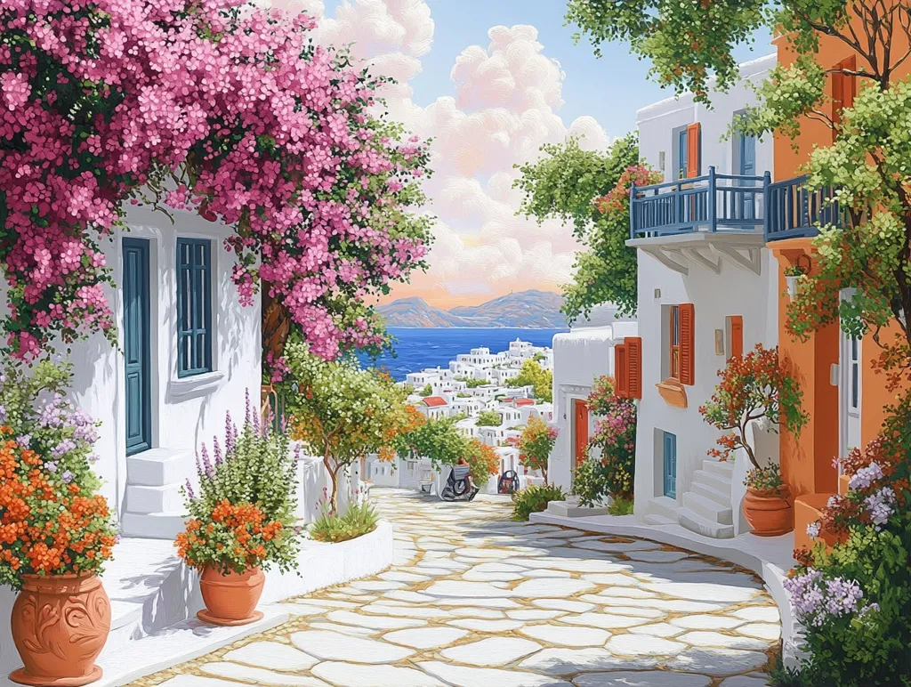 A quaint, cobblestone street lined with whitewashed houses, adorned with vibrant bougainvillea blooms. The houses have colorful shutters, balconies, and potted plants. In the distance, the sparkling blue sea and a picturesque island town create a serene backdrop. The scene is bathed in warm sunlight, casting long shadows across the street.  The overall ambiance is one of tranquility and idyllic charm.