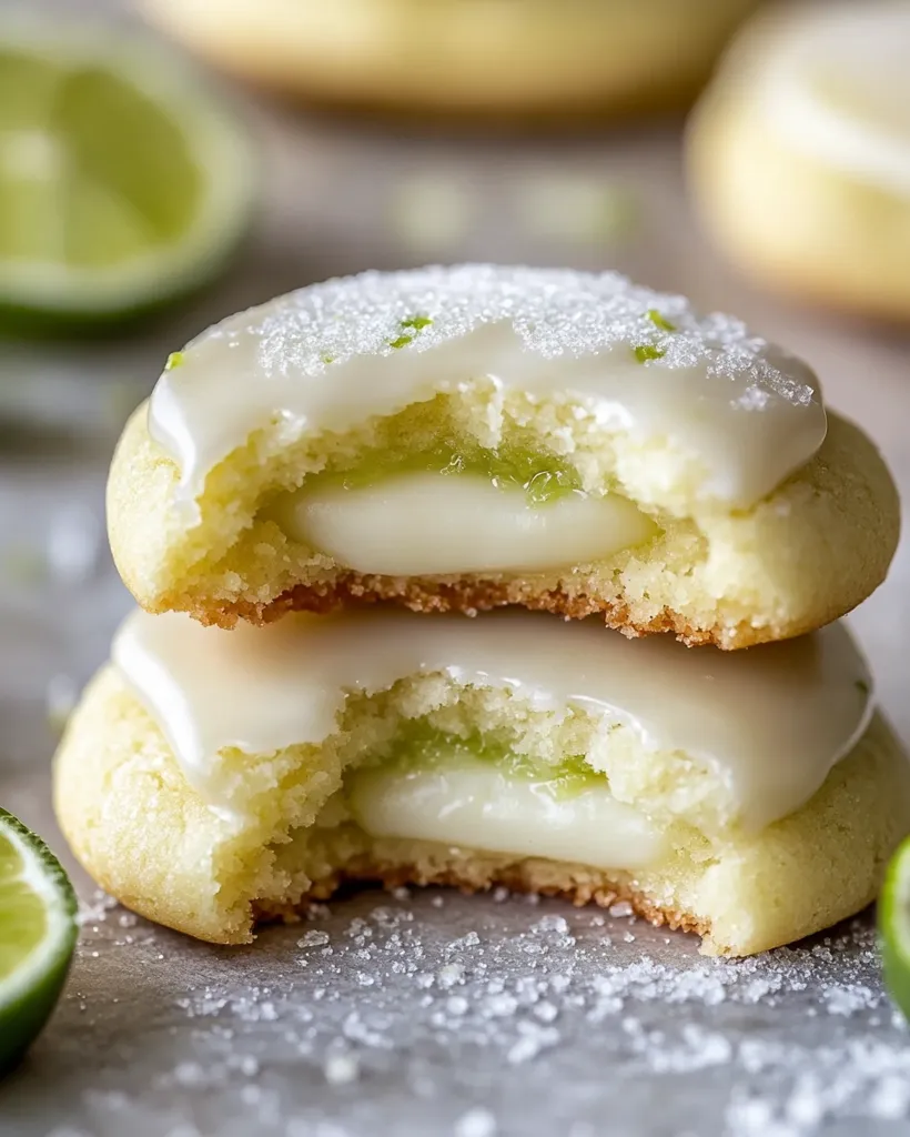 Two  lime-flavored cookies are stacked on top of each other, the bottom one has a bite taken out of it.  The cookies are filled with a white cream and are topped with a white glaze and green sprinkles.  The image is taken from a close-up perspective, and the cookies are in focus while the background is blurry.  A lime wedge is in the background to the left of the cookies.  There is a dusting of powdered sugar around the cookies, on a light grey background.  The cookies appear soft and inviting, making them look delicious.