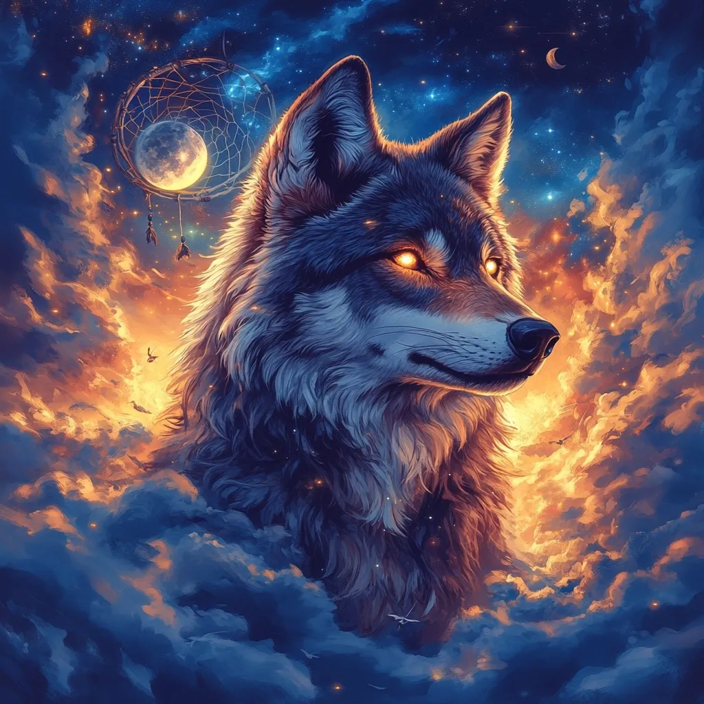 A majestic wolf with glowing yellow eyes gazes out from a background of swirling clouds and a starry night sky. A crescent moon and a dreamcatcher with a full moon inside hang in the upper right corner, adding a mystical and dreamlike quality to the image. The wolf's fur is rendered with a soft, brushy texture, suggesting a sense of movement and power.  The overall composition evokes a sense of wonder and the beauty of nature.