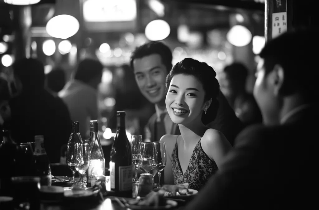 A woman with a bright smile sits at a table in a dimly lit restaurant, surrounded by friends. The scene is black and white, highlighting the soft glow of the overhead lights. The woman wears a dress and jewelry, suggesting a special occasion. Bottles of wine and glasses on the table hint at a celebratory gathering. The image captures a moment of joy and connection amongst friends.