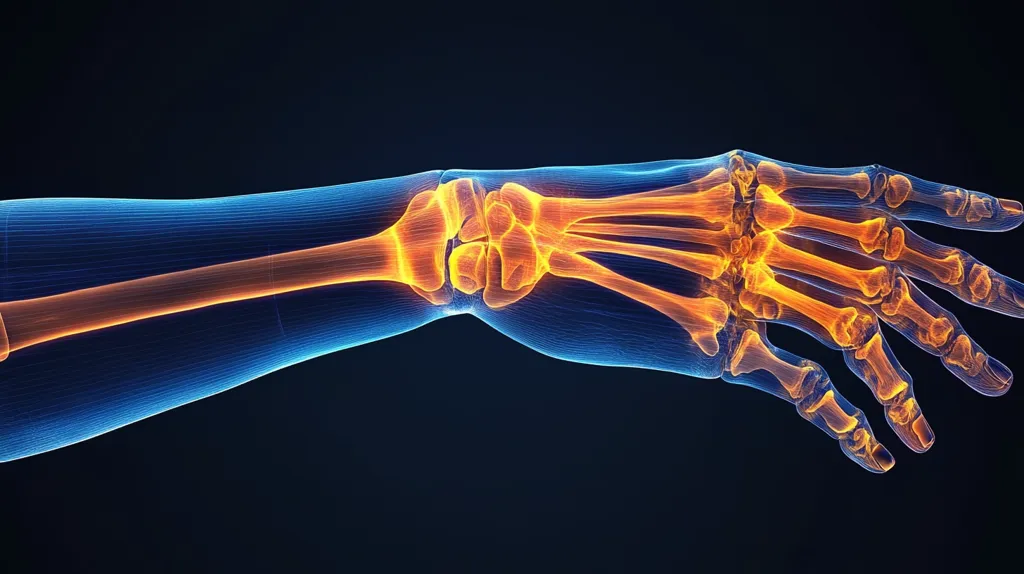 The image shows a 3D rendering of a human forearm and hand, with the bones highlighted in a warm orange color and the surrounding tissue in a cool blue. The hand is extended and the fingers are slightly curled. The image is likely intended to illustrate the anatomy of the human hand.