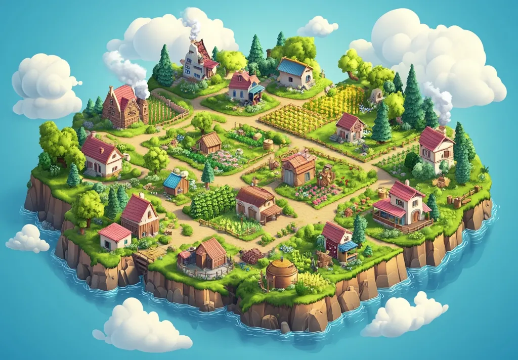 A charming, cartoon-style village sits on a small, green island surrounded by blue water and fluffy clouds.  The island is dotted with quaint houses, lush gardens, winding paths, and a variety of trees. The village appears peaceful and idyllic, with smoke curling from chimneys and a sense of cozy community. The bright colors and whimsical details create a charming and inviting atmosphere.