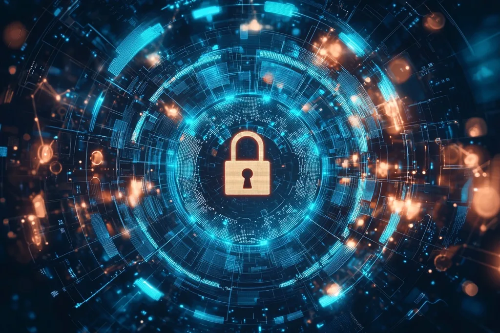 The image is a digital illustration of a glowing, abstract lock symbol at the center of a ring of blue and orange circular data lines. The image suggests a theme of data security and digital protection. The background is dark and filled with scattered glowing data points, adding to the futuristic and technological feel of the image.