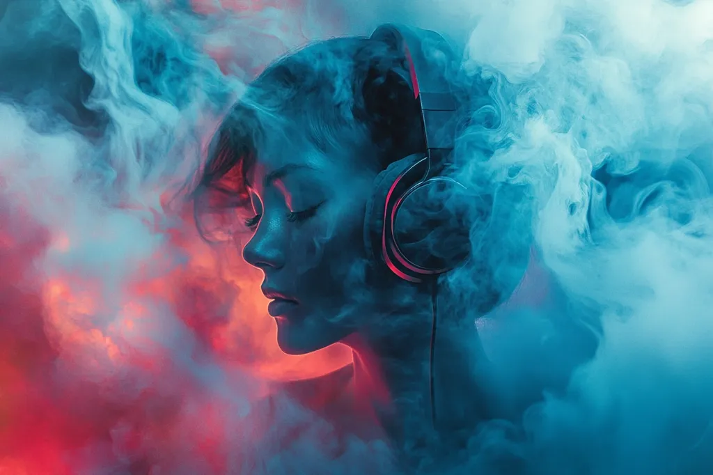 A woman's face is obscured by a swirling cloud of blue smoke. Her eyes are closed, and she's wearing black headphones. The background is a blend of red and blue, creating a hazy, dreamlike atmosphere.  The image evokes a sense of tranquility and introspection.
