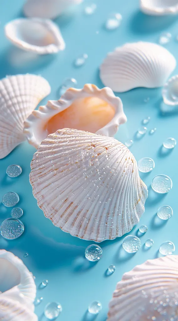 The image showcases a collection of white seashells resting on a vibrant blue surface. The shells are arranged in various positions, with one prominently in the center, showcasing its intricate, ribbed texture.  The backdrop features scattered water droplets, adding a touch of wetness and freshness to the scene. The overall image evokes a sense of calm, serenity, and the beauty of the ocean.