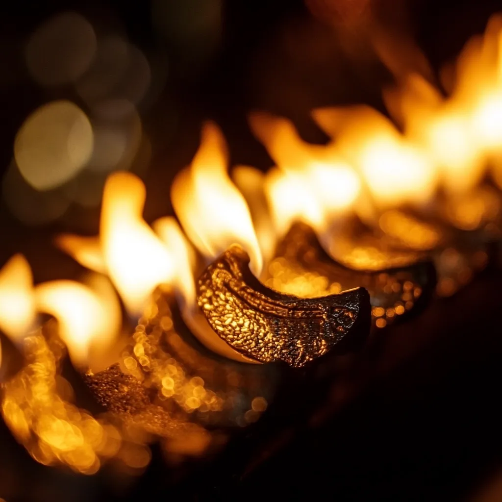 A row of metal objects, possibly oil lamps, are burning brightly, casting a warm glow. The flames are dancing and flickering, creating a mesmerizing spectacle. The image captures the beauty and intensity of fire, with soft, out-of-focus bokeh in the background. The warm tones and the soft light create a sense of peace and tranquility.