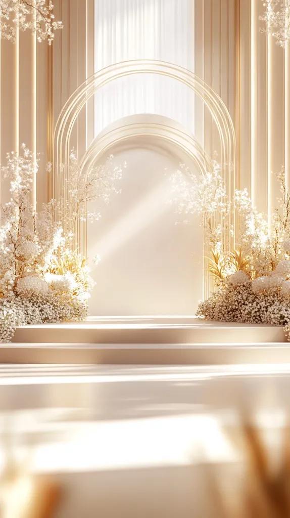 The image shows a wedding ceremony setup with a grand, golden archway adorned with white flowers. The backdrop is a soft, light background with subtle lighting, creating a romantic and elegant atmosphere. The stage is adorned with delicate white flowers and a simple, clean design. The overall feeling is one of luxurious simplicity and refined beauty.