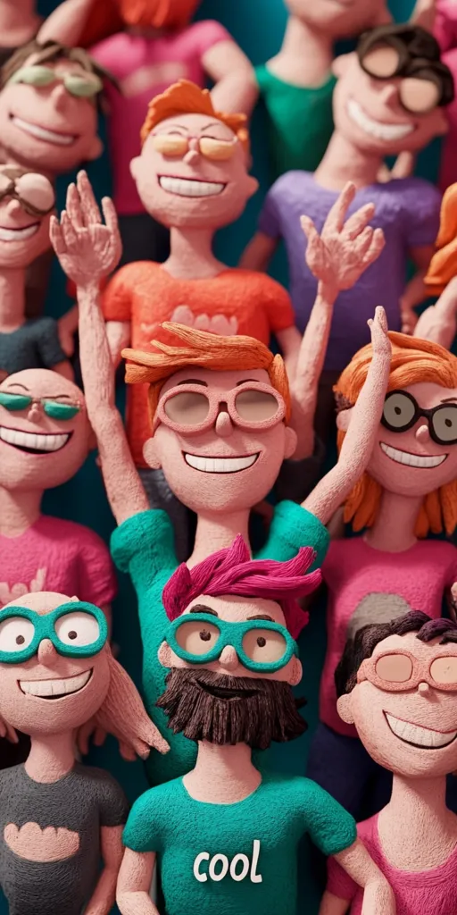 A group of colorful, cartoon-like figures with bright smiles are gathered together. They all wear glasses and are dressed in various colors, including green, pink, orange, and blue. They look friendly and happy, and they are all different shapes and sizes. The image has a playful and lighthearted feel.