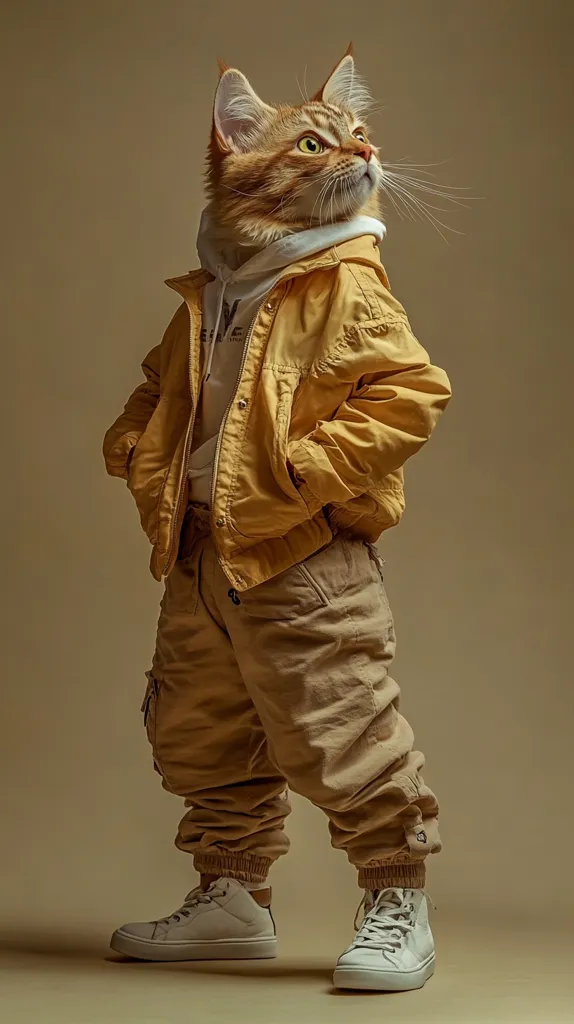 A cat wearing a yellow jacket, brown pants, and white sneakers stands on a beige background. It has a cool, confident expression and is looking up and to the right. The cat is positioned slightly to the left of the center of the image.  It is clear that this feline is very fashionable.