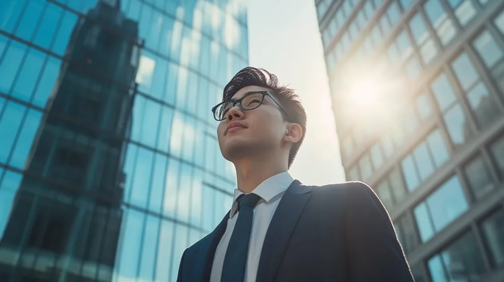 A young man in a suit and glasses stands looking up at the sun in a city setting. He is surrounded by tall glass buildings that reflect the sunlight. The man's expression is calm and contemplative, suggesting a sense of ambition and hope. His posture conveys confidence and strength. The image evokes a feeling of success and progress in the bustling urban environment.