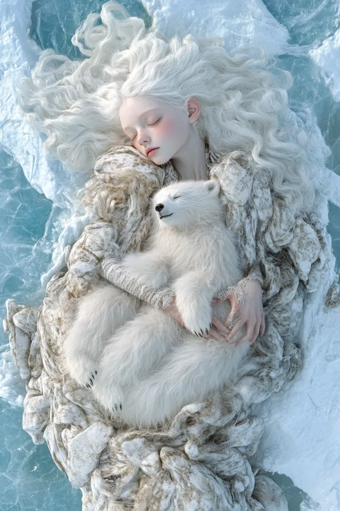 A young woman with long, white hair lays asleep on a bed of ice and snow. She is holding a small, white bear cub in her arms. The woman and the cub are both wearing white, fur-like clothing. The scene is calm and peaceful, and the colors are muted.  The overall image evokes a sense of serenity and tranquility.