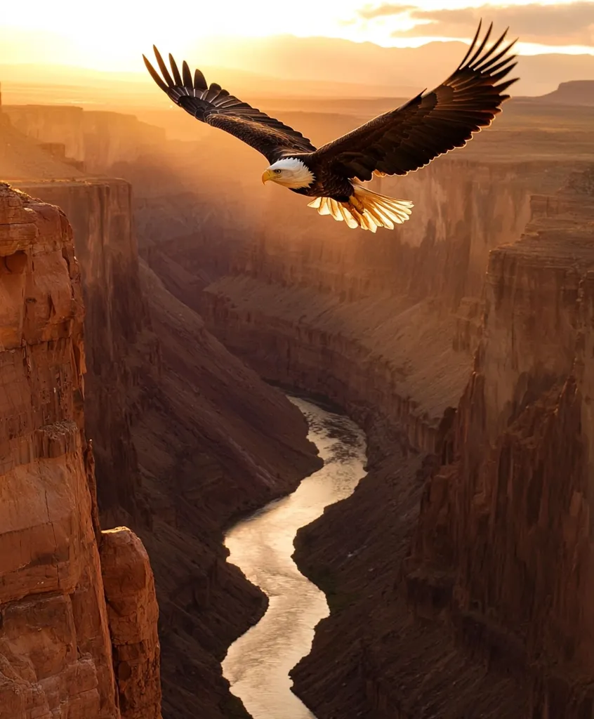 A majestic bald eagle soars through the air, its wings outstretched against the golden hues of a setting sun.  The eagle is flying over a deep, winding canyon, the rugged walls of which are bathed in warm light. A river snakes its way through the canyon, its waters reflecting the fading daylight. The scene is one of raw beauty and powerful nature.