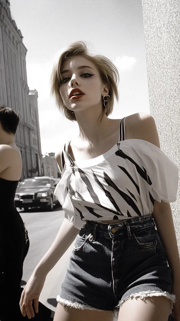 A young woman with short blonde hair and bright red lipstick stands in front of a gray building, wearing a black and white striped off-the-shoulder top, denim shorts, and small hoop earrings.  She looks towards the camera with a serious expression.  A car is parked in the background, and another woman in a black dress can be seen to the left.  The image is mostly in black and white, with selective color applied to the woman's lips.  The overall tone is stylish and modern.