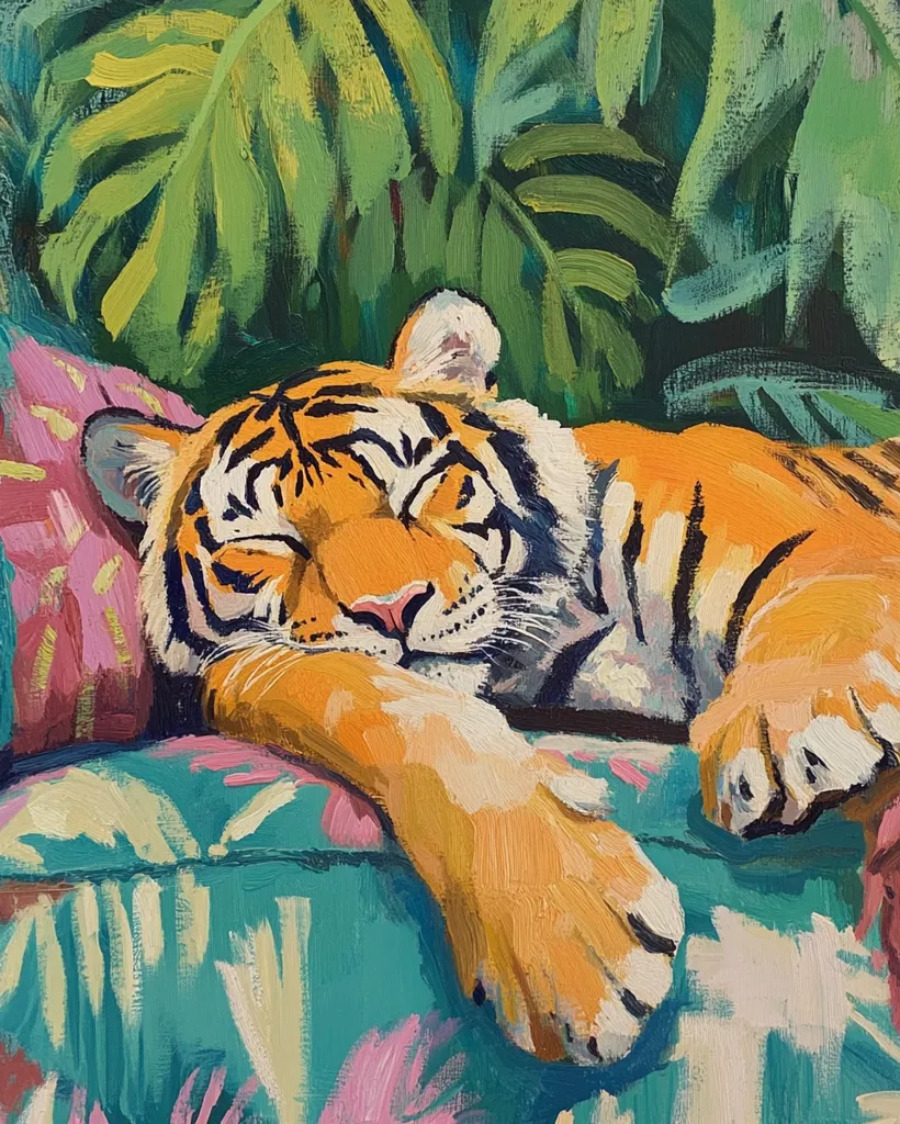 A tiger, painted in a vibrant, almost cartoonish style, rests its head on a colorful, patterned cushion. The tiger's fur is a mix of orange, black, and white stripes, and its eyes are closed in sleep. Lush green foliage surrounds the tiger, creating a tropical backdrop. The painting uses bold strokes and bright colors to capture a sense of energy and relaxation.