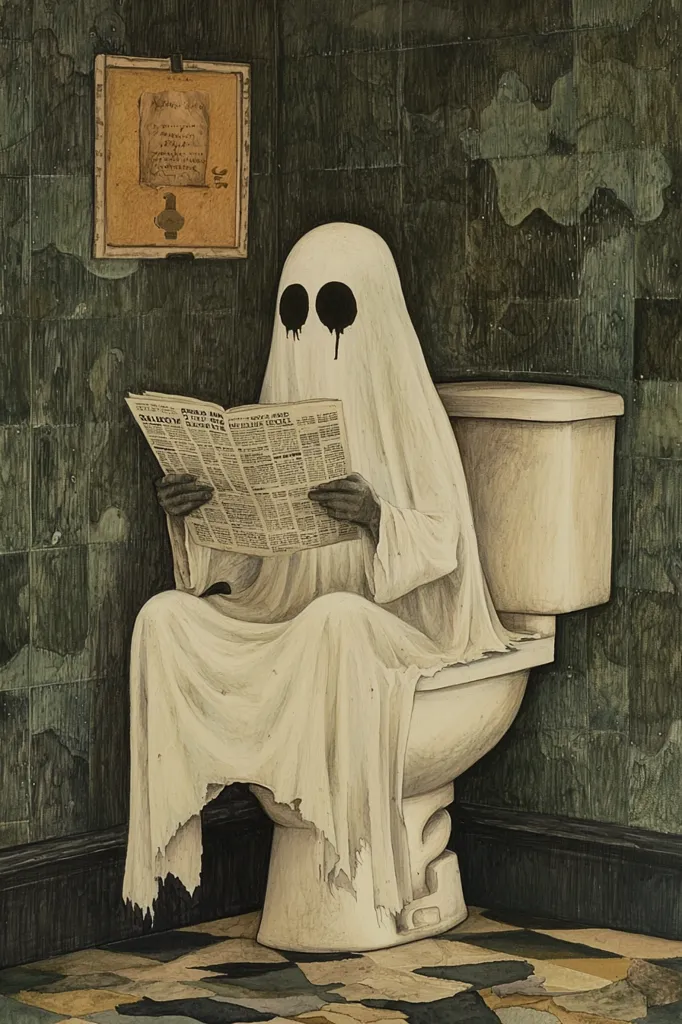 A ghostly figure, draped in a white sheet, sits on a toilet in a dimly lit bathroom. The ghost is reading a newspaper with the headline "Spooks and Specters Meet for the First Time in 100 Years." The bathroom walls are a dark green, and the floor is covered in a checkered pattern. The ghost's face is obscured, but two black eyes are visible. The scene is eerie and unsettling, suggesting a paranormal encounter.