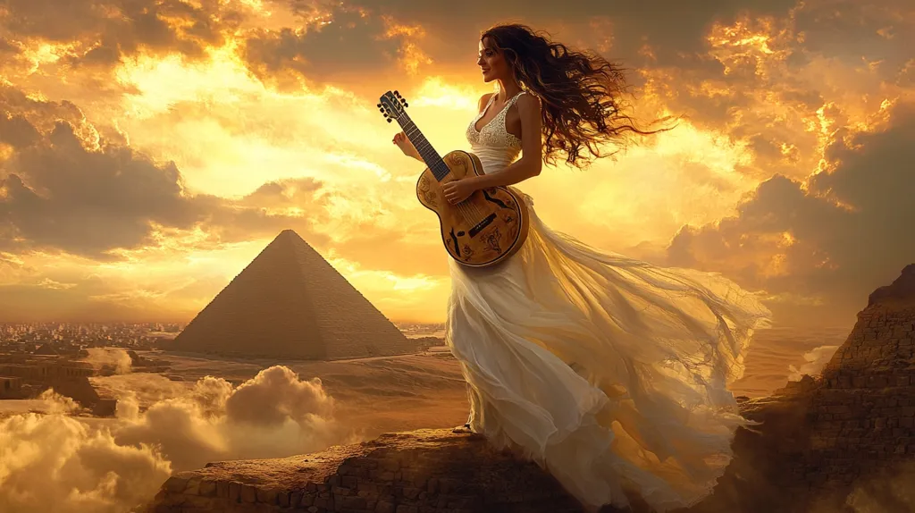 A woman in a flowing white gown stands atop a rocky outcrop, playing a guitar against a backdrop of a majestic pyramid and a dramatic sunset. The sky is ablaze with golden hues, and wispy clouds drift across the horizon. The woman's long, flowing hair adds to the ethereal quality of the scene, and her expression is one of serenity and peace. The image is both beautiful and powerful, suggesting a sense of wonder and mystery.