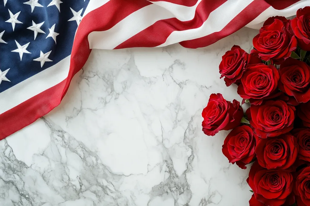 A folded American flag lies on a white marble background, its red and white stripes partially visible. A bouquet of red roses is situated in the bottom right corner, creating a stark contrast against the white marble and the flag. The image evokes a sense of patriotism and love.