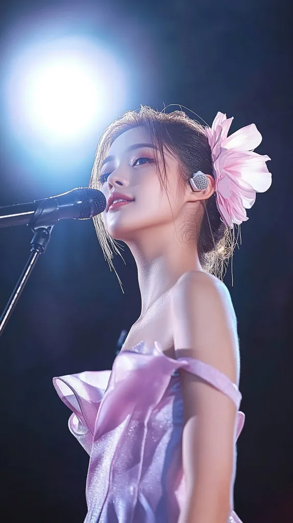 A young woman with long dark hair, wearing a pink off-the-shoulder dress and a large pink flower in her hair, sings into a microphone. She is standing on a stage, and a spotlight shines on her from above. The background is dark and blurry.  She looks up and slightly to the left, her expression is focused and intense.  The stage lighting creates a dramatic and ethereal atmosphere.