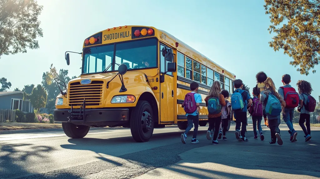 A yellow school bus is parked on the side of the road. A group of children wearing backpacks are getting off the bus. The children are looking back at the bus. There is a large tree on the right side of the image. The sky is blue and the sun is shining. The children are excited to be going home from school.