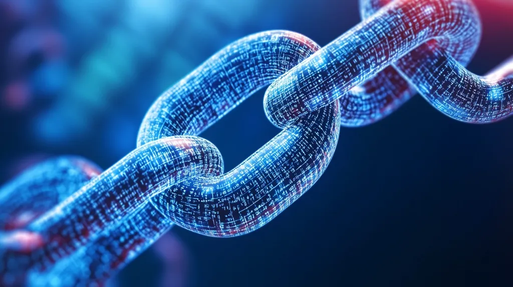 The image shows a close-up of a chain made of glowing blue and red links. Each link is covered in intricate patterns of binary code, suggesting a connection to technology and data. The chain is set against a blurred blue background, emphasizing its digital nature and creating a sense of depth. The image evokes a sense of strength, security, and the interconnectedness of the digital world.