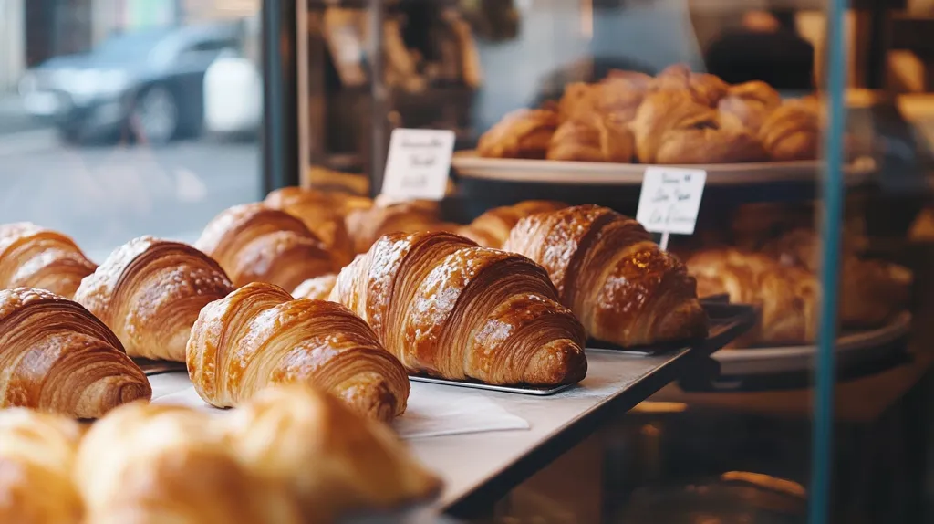 A display case filled with golden-brown croissants, showcasing their flaky layers and inviting aroma. The croissants are arranged on a tiered display, with a blurred background of a busy street and more croissants in the background.  The warm lighting adds to the inviting atmosphere.