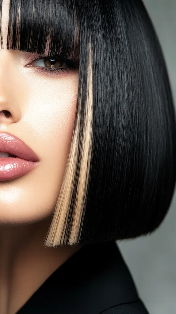 A close-up shot of a woman with a bob haircut. Her hair is black with blonde highlights and styled with straight bangs. She is wearing minimal makeup and has a soft, natural look. Her lips are painted a light pink color. The image focuses on her face and hair, creating a sleek and modern aesthetic. The background is a plain, light gray, allowing the woman's features to stand out.