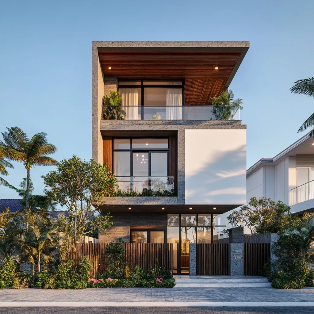 The image shows a modern, three-story house with a sleek, contemporary design. It features large windows, a wooden slatted ceiling, and a balcony on the second floor. The house is surrounded by lush greenery and a wooden fence, creating a sense of privacy and tranquility. The facade is mostly grey, with a white wall on the top level, creating a visual contrast. The house is bathed in warm sunlight, casting long shadows on the surrounding landscape.