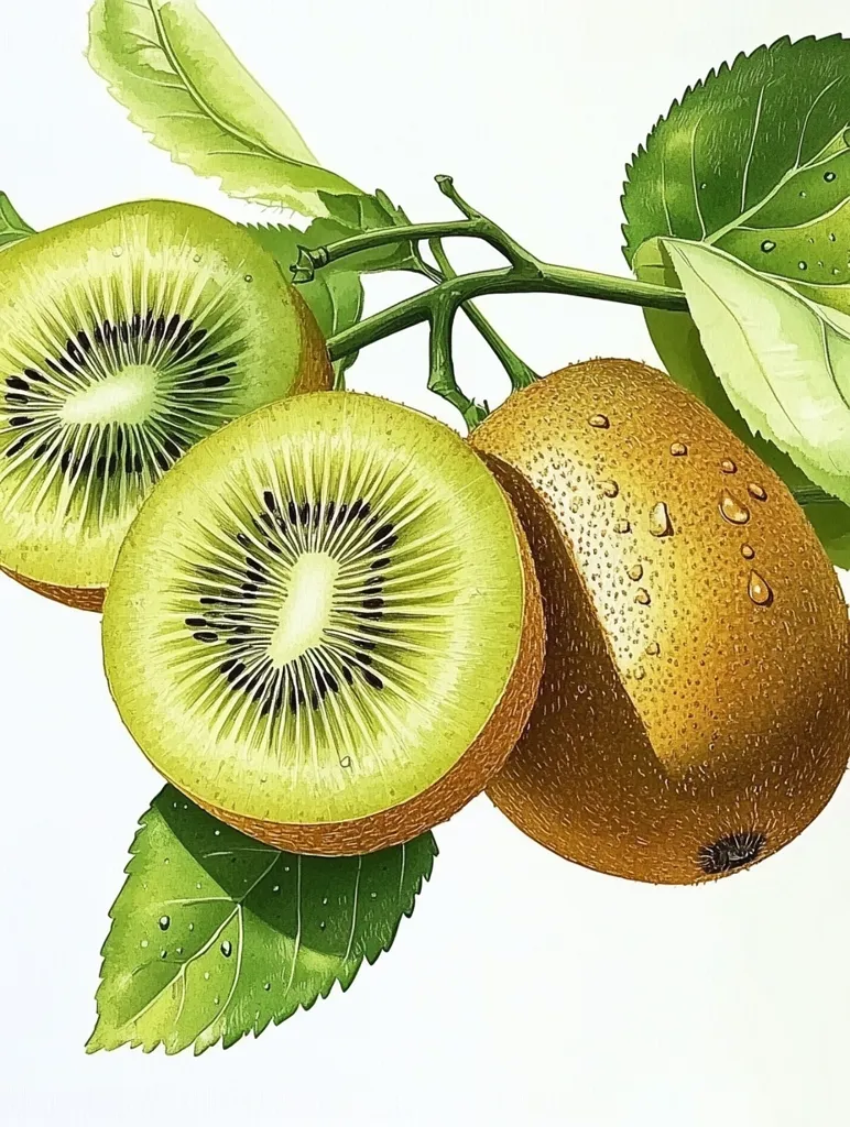 The image depicts three kiwi fruits, two cut open, revealing their green flesh and black seeds, and one whole. They are arranged on a branch with lush green leaves, some with tiny water droplets. The kiwi fruits are depicted in a realistic style, with detailed textures and vibrant colors. The overall effect is fresh, vibrant, and inviting.