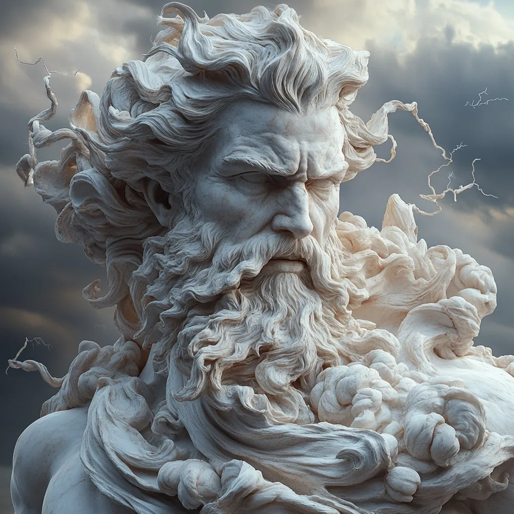 The image shows a detailed close-up of a marble statue of a bearded god. His face is stern, with a furrowed brow and a determined expression. His long hair and beard are sculpted with intricate detail, resembling flowing waves. The background is a dramatic sky with stormy clouds and lightning bolts, suggesting a powerful and majestic presence. The statue appears to be sculpted with incredible realism, capturing the god's strength and authority.
