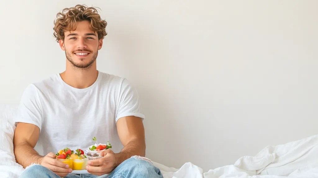 A young man with curly hair is sitting on a bed, wearing a white t-shirt and blue jeans. He is smiling and holding a tray of three small desserts. The desserts appear to be fruit salads, and the room is very minimalist and white.  He seems happy and content.