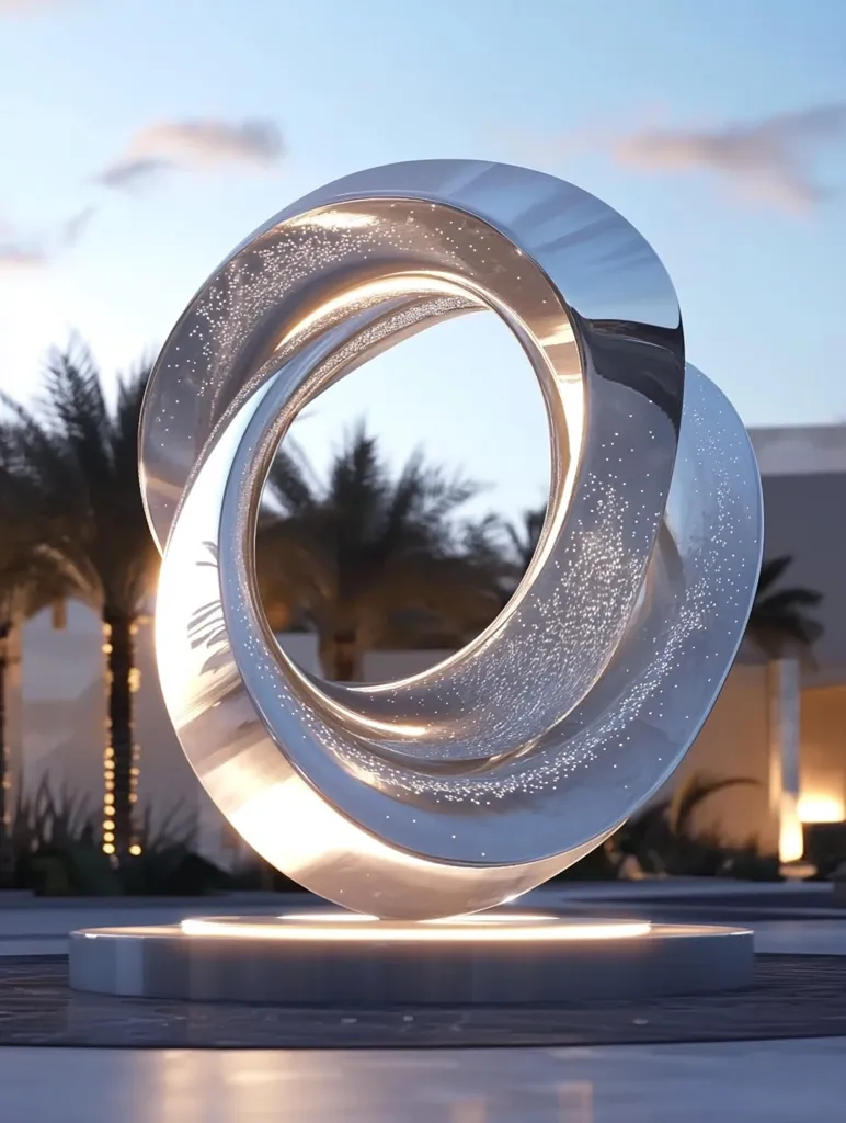 The image shows a modern, abstract sculpture made of polished metal, resembling a twisted infinity symbol. The sculpture is lit from within, creating a glowing effect. It is situated on a concrete pedestal in a landscaped area with palm trees and a soft-focus background.  The sculpture's smooth curves and reflective surface contribute to an air of elegance and sophistication.