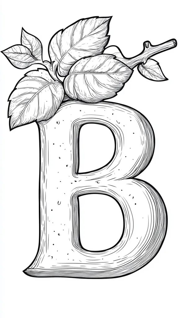 The image is a black and white drawing of the letter "B". The letter is stylized to appear as if it is made of wood. There are leaves and a vine wrapped around the top of the letter, making it look like a decorative initial.  The lines are intricate and detailed, giving the letter a sense of depth and texture.  The drawing is reminiscent of botanical illustrations and vintage typography.