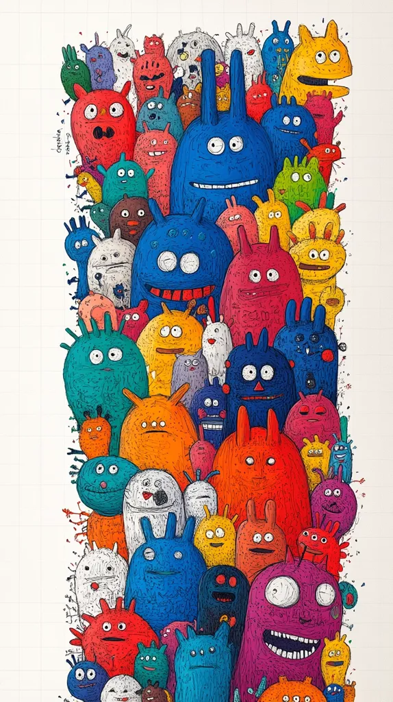 A whimsical illustration features a crowd of colorful, cartoon-like creatures with various expressions and features. The creatures are drawn in a simple, scribbly style, with lots of detail and texture. They are arranged in a dense cluster, creating a sense of playful chaos and energy.  The dominant colors are blue, red, yellow, and green, creating a vibrant and fun visual. The image evokes a sense of fantasy and whimsy, suggesting a world populated by playful, imaginative beings.