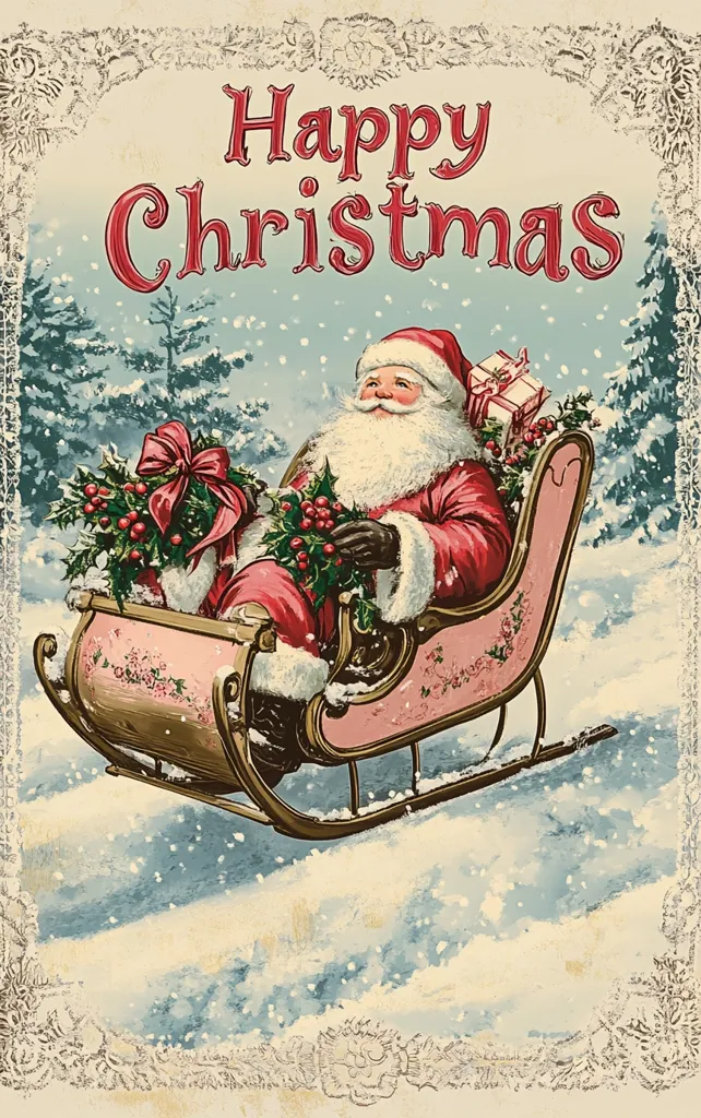 The image is a vintage Christmas card depicting Santa Claus in a pink sleigh with gold accents, pulling a bag of gifts. He's wearing a red suit with white trim and a white beard and mustache. The background features a snowy winter landscape with trees and falling snow. "Happy Christmas" is written in red lettering at the top. The card has a decorative border and a vintage aesthetic.
