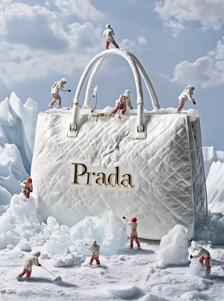 A giant white Prada handbag sits in a snowy landscape. Tiny figures in winter clothing are seen around the bag, either climbing on it, or interacting with it as if it were an iceberg. The scene creates a whimsical and surreal juxtaposition.