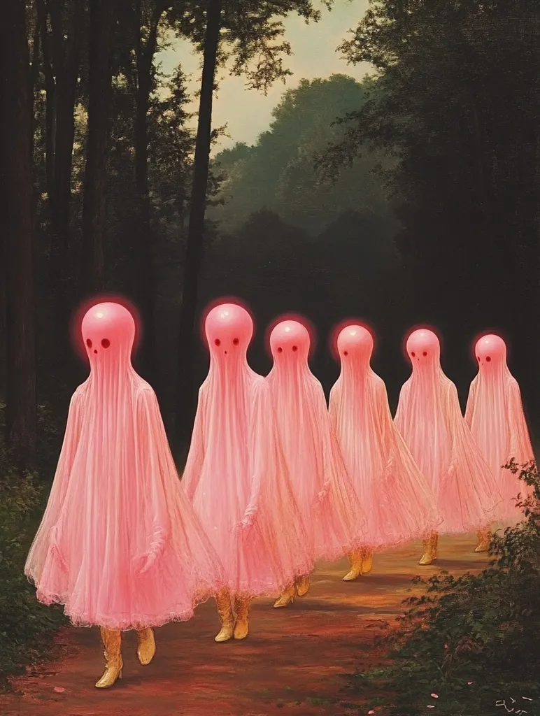 A line of seven translucent pink figures walk through a dark, wooded area. Their bodies are formless, but they have human-like heads and are dressed in flowing robes. They seem to be moving slowly and deliberately, their faces unreadable. The atmosphere is eerie and mysterious.