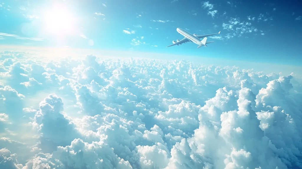 A white airplane flies above a vast expanse of fluffy white clouds, bathed in the warm glow of the sun. The sky is a clear and bright blue, creating a stunning backdrop for the aerial scene. The image evokes a sense of serenity and vastness, suggesting a journey through the clouds.
