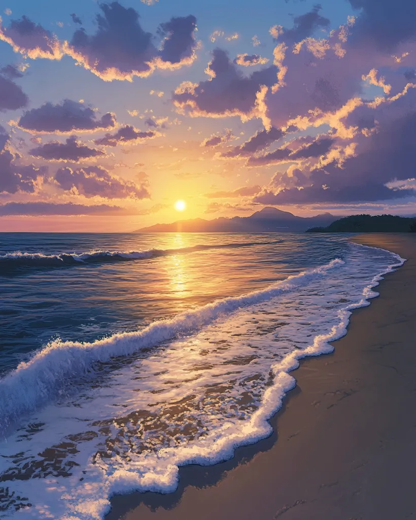 A serene sunset scene unfolds, with a golden sun sinking below the horizon and casting a warm glow over the vast, tranquil ocean. Soft, white clouds drift across the sky, painted in hues of pink, purple, and orange. A gentle wave rolls in, its foamy crest edging onto a sandy beach, creating a tranquil and picturesque vista. The scene evokes a sense of peace and calm, inviting viewers to escape into the beauty of nature.