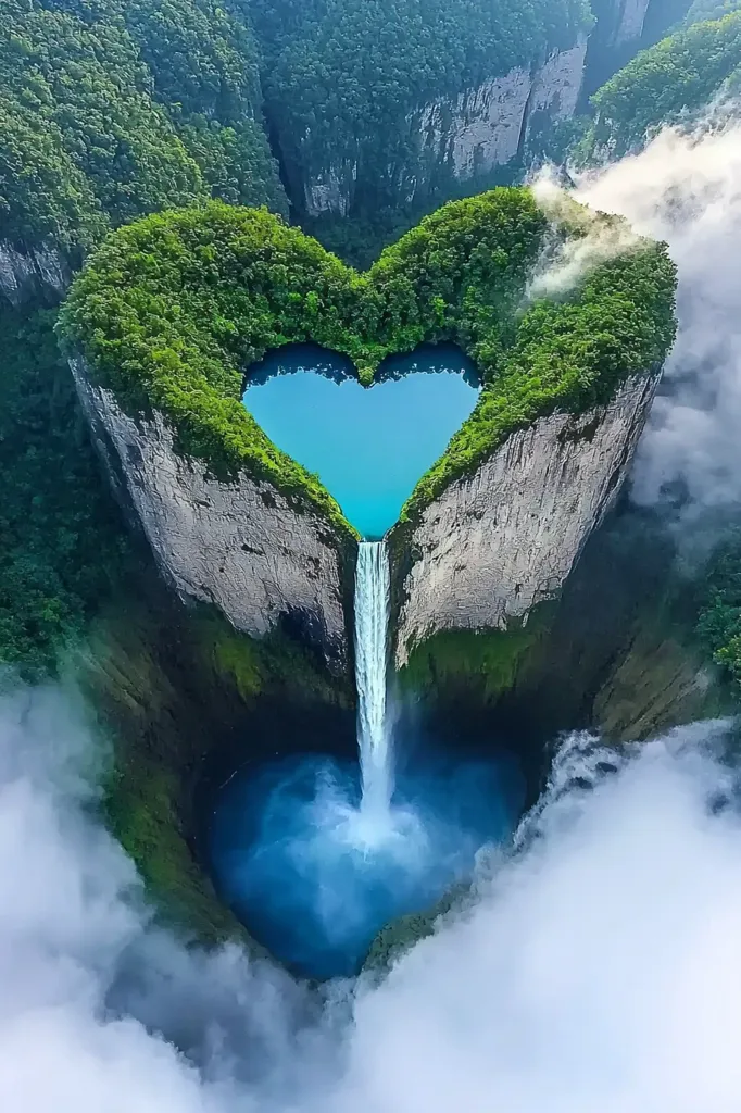 An aerial view of a waterfall cascading down a cliff face, creating a heart-shaped pool at the base. The lush green vegetation surrounding the waterfall adds to the beauty of the scene. The image is captured from a high vantage point, with clouds partially obscuring the landscape.