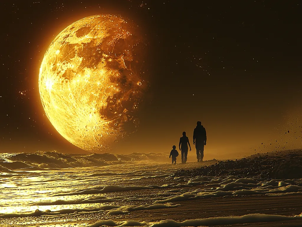 The image depicts a family of three walking along a beach at night. The moon, a giant, fiery orb, hangs in the sky behind them. The light from the moon bathes the scene in a warm, golden glow, casting long shadows of the figures. The waves of the ocean lap at the shore, reflecting the moonlight. The overall feeling of the image is one of peace and tranquility.